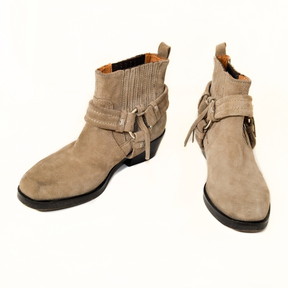 New DIESEL Taupe Suede Square Toe Harness Western Ankle Boots Size 5 - Picture 2 of 8